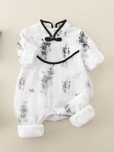 Baby Chinese style long sleeve romper with ink bamboo print and traditional frog buttons