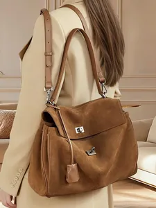 Large Suede Genuine Leather Shoulder Bag Retro Women High-End Capacity Tote Crossbody Underarm Bag With Silver Rotating Lock