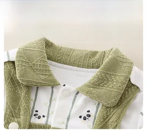 Detail view of cotton romper collar with waffle texture and panda print for infants