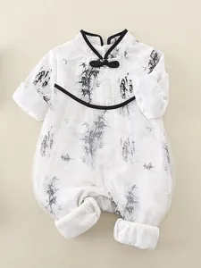 Chinese style baby romper with ink wash bamboo print and mesh overlay for girls
