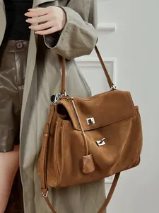 Retro brown suede large tote bag with top handle and shoulder strap for daily commute