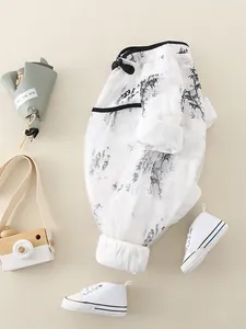 Chinese style baby romper with ink bamboo print and traditional black knot buttons
