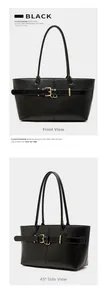 Front and 45-degree side views of black leather tote bag with gold belt buckle detail