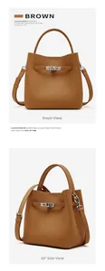 Détail du sac seau en cuir grainé marron avec fermoir métallique et poignée ronde