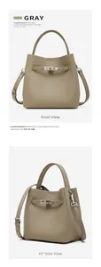Vues de face et de profil à 45 degrés du sac seau en cuir gris avec boucle en métal