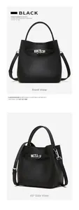 Vues avant et latérale d'un sac seau en cuir noir avec fermoir rotatif argenté