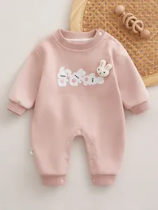 Pagliaccetto Rosa da Neonato in Misto Cotone a Maniche Lunghe Con Ricamo a Coniglio e Testa di Coniglio 3D per Uso Quotidiano