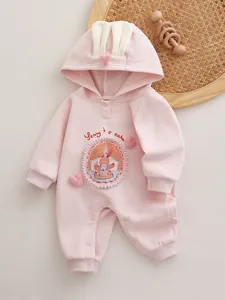 Barboteuse à Capuche Bébé Fille Oreilles de Lapin Broderie Coeur Coton Manches Longues Jumpsuit Nourrisson Toddler Rose Automne