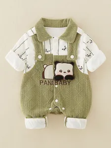 Baby Boy Long Sleeve Romper Panda Bamboo Print Jumpsuit Waffle Texture Cotton Fake Two Piece Infant Jumpsuit Clothing