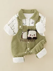 Newborn bamboo panda print green cotton romper with comfortable long sleeve design