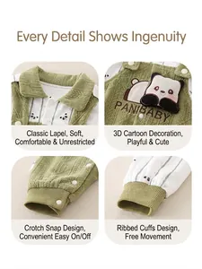 Green newborn baby knit romper featuring panda bamboo prints and classic collar detail