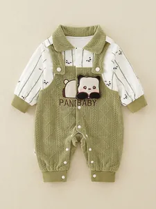 Newborn long sleeve panda romper suit in green and white with cute 3D embroidery
