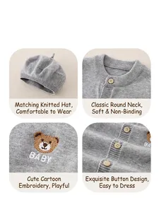 Gray knitted baby romper set with beret hat featuring bear embroidery and wooden buttons