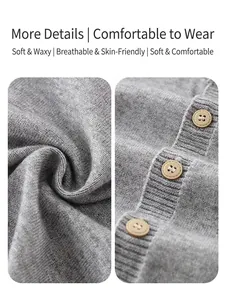 Soft grey knit baby romper with wooden buttons and ribbed texture for spring outfits