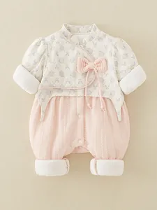 Baby Girl Chinese Style Quilted Romper Long Sleeve Padded Warm Jumpsuit With Floral Pattern And Butterfly Knot For Infant Toddler