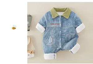 Detail of baby denim romper with fleece lining, corduroy collar, and wood buttons