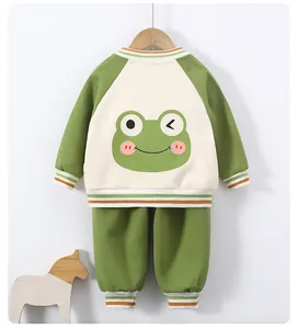 Detailed back view of a kids baseball jacket with a cute cartoon frog print
