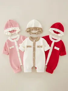 Set Pagliaccetto in Maglia per Neonata Tuta Monopetto Vintage Con Cappello Con Volant Coordinato Body Autunno Primavera