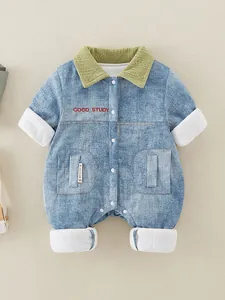 Infant Baby Winter Padded Denim Romper Cartoon Tiger Panda Pattern Long Sleeve Thickened Cotton Jumpsuit Warm Bodysuit For Toddler