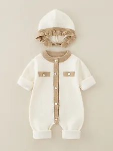 Tutina per neonato in maglia con cappello coordinato e trama a rombi beige e kaki