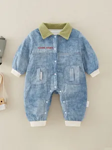 Thick winter denim romper for infants with green corduroy collar and embroidery