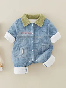 Thick denim baby romper with lamb wool lining and green collar for infants 0-18 months