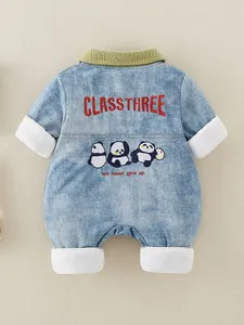 Thick denim baby romper with panda embroidery and cozy white fleece lining on back view