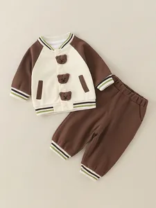 Spring baby boy baseball jacket and trousers set with 3D plush bear patches in brown