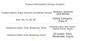 Detailed technical specifications chart for newborn thick winter bodysuit with A-grade safety