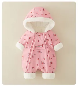 Detail of pink floral baby winter snowsuit with warm fleece lining and dual zip closure