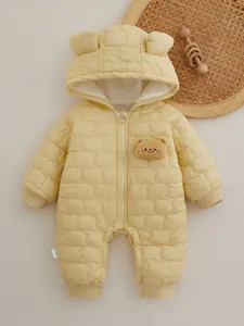 Newborn Baby Autumn Winter Quilted Romper Thick Warm Bear Ear Hooded Jumpsuit Butter Yellow Cotton Filled Infant Outwear