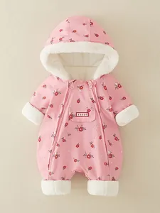 Winter floral baby romper with windproof hood and fleece lining in soft pink