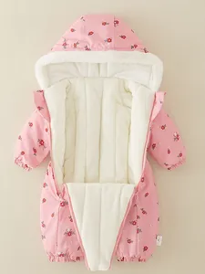 Pink floral hooded baby romper with thick fleece lining and windproof cuffs