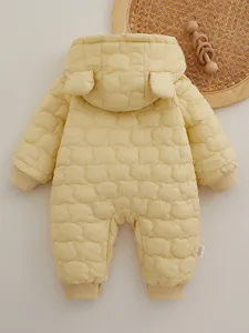 Quilted warm baby hooded romper in light yellow with bear ear detail and rib cuffs