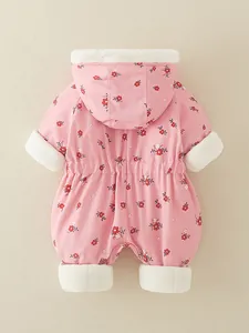 Pink floral hooded baby romper with thick insulation and white fleece trim for winter warmth