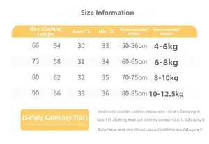 Size guide for baby winter romper showing length, bust, and height in cm and kg