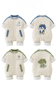 Detail view of quilted baby rompers with cartoon embroidery and snap button closure