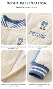 Detail of quilted baby bodysuit featuring penguin embroidery and ribbed windproof cuffs