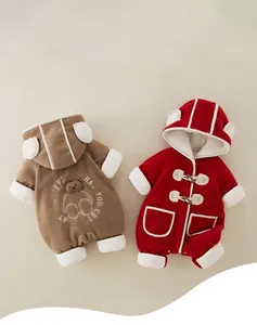 Detail of warm winter baby rompers with plush lining and cute bear-ear hood