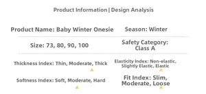 Detailed size chart and quality specifications for newborn winter padded romper