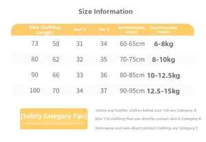 Detailed size chart for baby festive romper showing length, bust, and safety standards