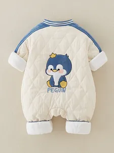 Baby Boys Quilted Winter Romper Padded Jumpsuit Cartoon Dinosaur Penguin Embroidery Long Sleeve Warm Bodysuit For Infants