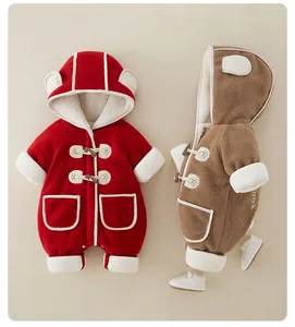 Detail of infant winter romper with plush fleece lining, toggle buttons and bear ears