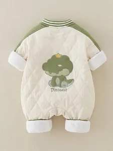 Padded baby romper with dinosaur embroidery and olive green quilted fabric