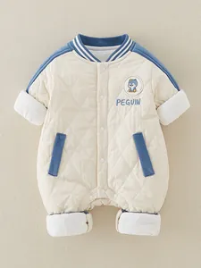 Quilted beige baby romper with blue trim and cute penguin embroidery for autumn and winter
