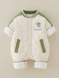 Quilted newborn romper with dinosaur embroidery and striped baseball collar for winter
