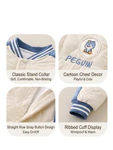 Quilted newborn baby romper with penguin embroidery and ribbed cuffs for winter warmth