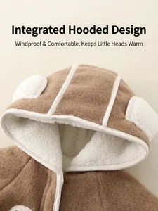 Thick warm baby hooded romper with sherpa lined bear ears in brown winter fleece