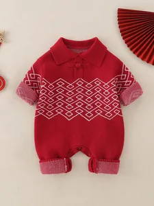 Baby Knitted Traditional Festive Red Romper Long Sleeve Jumpsuit For Newborn Infants New Year Celebration Knitted Outfit