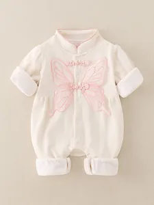Barboteuse à Manches Longues de Style Chinois pour Bébé Fille en Coton Gaufrette avec Broderie Papillon pour Nouveau-Né Printemps